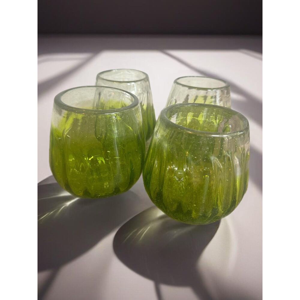 Set Of (4) Vintage Hand Blown Drinking Glasses Green Ombré Artisan 1970s